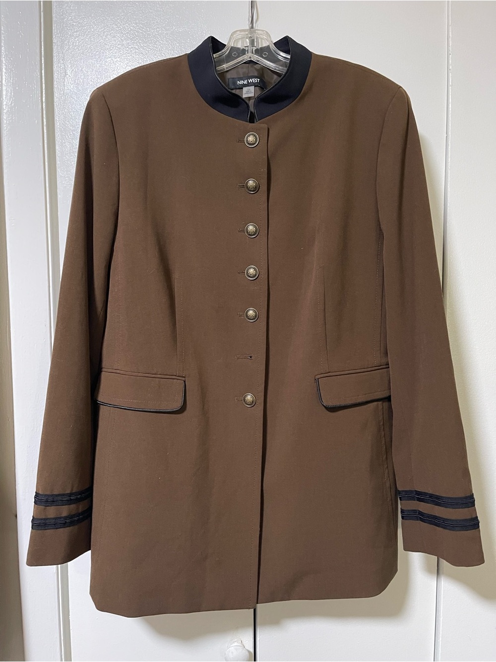 Vintage Nine West Brown Blazer with Black Collar and Cuff Stripes